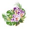 Bouquet with tropical flowers floral arrangement, with beautiful spotted purple and white orchid, palm,philodendron and ficus v