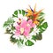 Bouquet with tropical flowers floral arrangement with beautiful Strelitzia and white and pink orchids Cymbidium palm,philodendr