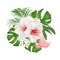 Bouquet with tropical flowers floral arrangement, with beautiful white hibiscus, palm,philodendron and Brugmansia vintage vector