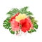 Bouquet with tropical flowers floral arrangement, with red pink and yellow hibiscus and white orchid palm,philodendron vintage