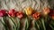 Bouquet of tulips on beige crumpled paper