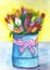 Bouquet of tulips.Blue basket with bouquet.