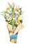 Bouquet of tulips and greenery, spring flowers in a packing box. Hand drawn watercolor illustration close up isolated on