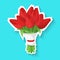 Bouquet of tulips isolated on a blue background. Wedding bouquet of red tulips. Realistic sticker. Simple cute design. Icon or