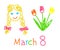 Bouquet of tulips on a white background. Children`s drawing. Congratulations on March 8. Vector