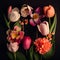 bouquet of various flowers on dark background Top view flat lay card with tulips flowers