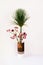 Bouquet in vase Astrantia and pine needles on white.