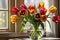 Bouquet of Vibrant Tulips - Dew-Kissed Petals Nestled in a Crystal Vase, Sunlight Filtering Through
