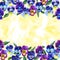 Bouquet of violas watercolor. Pansy violet flower frame on yellow background