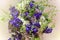Bouquet of violet flowers close up. Blurred light background