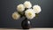 a bouquet of white chrysanthemums against a dark, monochromatic background, emphasizing the purity and grace of these