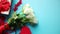 Bouquet of white roses with red bow on blue background. Boxed gift on side