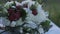 Bouquet of white roses and strawberries close up