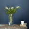 Bouquet of white veronica with white bells in a tall narrow vase on a grey table on the white background. Two white cup