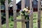 A bouquet of wild flowers tucked between the boards on the fence