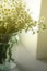 A bouquet of wildflowers camomiles in a glass jar on a table by the window. Vintage tone