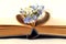 A bouquet of wildflowers lies on the pages of the book, folded in a heart on a white background, close-up