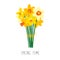 Bouquet of yellow daffodils isolated on white. Floral illustration. Greeting card template for bright spring design