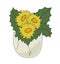 Bouquet of yellow dandelions with green leaves growing in a beige eggshell