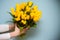 A bouquet of yellow flowers in female hands. A large bouquet of yellow tulips. Greeting card with flowers