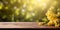 Bouquet of yellow flowers on wooden boards against defocused sunny nature background. Copy space. Spring banner. AI generated
