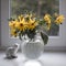 A bouquet of yellow jerusalem artichoke in a transparent vase on a white windowsill