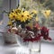 A bouquet of yellow jerusalem artichoke in a transparent vase on a white windowsill in front of autumn garden. Red viburnum in a