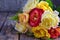 Bouquet of yellow and red roses. Flowers. Valentine or Wedding Theme. Romantic. Copy space