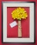 Bouquet of yellow spring flowers. Bunch narcissus packed craft paper with greeting card.Spring card for Mother`s Day