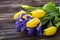 Bouquet of yellow tulips and irises