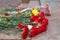 Bouquets of flowers lie on granite steps at the foot of the monument in the Victory Memorial during the celebration of Victory Day