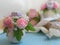 Bouquets of peonies on blurred background