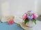 Bouquets of peonies on towel blue surface in front of white wall.