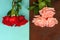 Bouquets of red and pink roses on a dark and blue wooden background closeup