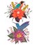 Bouquets with tropical birds, flowers,berries and leaves. Exotic flora and fauna.