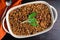 Bourbon Sweet Potato Casserole Topped with Toasted Pecans and Crumbled Bacon