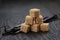 Bourbon vanilla pods with cane sugar on wood table