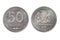 Bouth sides of the Georgian coin 50 tetri on a white background