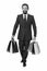 Boutique gallery client. Man mature shopper carries shopping bags white background. Successful businessman choose only