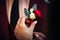Boutonniere of white and red roses, close-up. Bride`s hand attaches the boutonniere to groom`s jacket