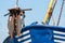 Bow with anchor shrimp fishing ship in Dutch harbor Lauwersoog