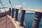 The bow of an ancient ship. Vintage ship at sea.