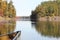 Bow of canoe on calm lake