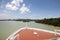Bow of cruise ship sailing across the Gatun Lake, on the Panama Canal