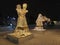 Bow hill Poklonnaya Gora, Moscow, shining dancers statues, Winter decor 2021