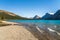 Bow Lake lakeshore in summer sunny day. Bow Glacier, Banff National Park