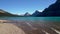 Bow Lake lakeshore in summer sunny day. Bow Glacier, Banff National Park