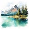 Bow Lake Watercolor Landscape: Delicately Rendered Mountains And Lake