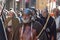 Bow men in medieval costume at traditional parade of Epiphany Befana medieval festival in Florence, Tuscany, Italy.