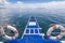 The bow of a tourist boat or locally known as a bangka. Cruising through glassy calm water off Bohol, Philippines